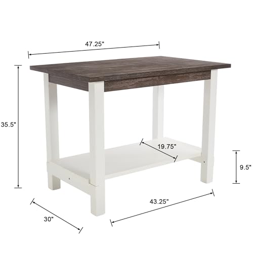 Kmax 47.25" Kitchen Island with Storage, Farmhouse Solid Wood Stationary Dining Table with Large Worktop, Modern Coffee Bar Table for Small Space, Brown Brush and White - color: White- Brown Brush