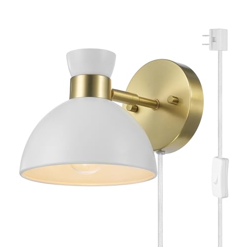Globe Electric Plug-in or Hardwire Wall Sconce, Matte Brass, White Pivoting Bell Shade, 6-Foot Clear Cord, 65000099 - color: Brass, Matte White