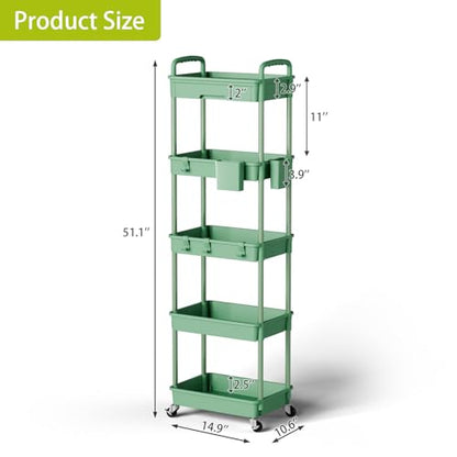 Sorgion 5 Tier Rolling Cart Organizer,Bathroom Cart Organizers with Wheels Laundry Room Organization Mobile Shelving Unit Utility Cart Storage Shelves Multi-Functional for Office, Home(Green) - size: 5Tier-Green
