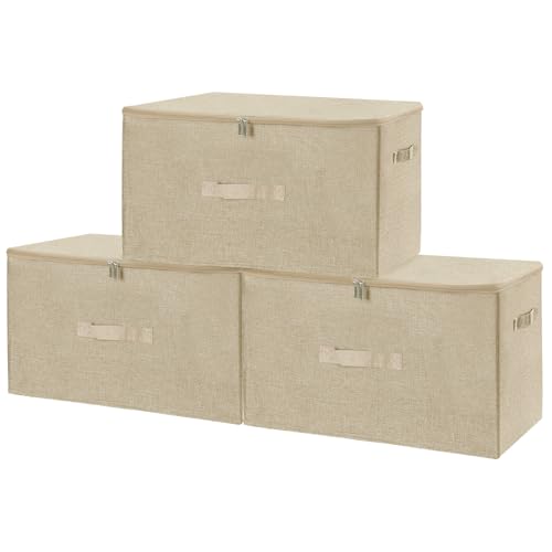 ANMINY Fabric Storage Bins with Zipper Lids, 20"x15"x12", Beige, 3 PCS | 62.3Qt Cotton Linen Storage Box, PP Board Frame, Washable, Collapsible, with Handles & 3-side Open Lid, Stackable Extra Large - color: Beige, size: Extra Large (Pack of 3)