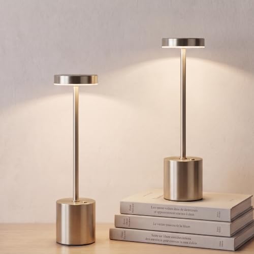 Silver Cordless Table Lamp 2Pack Rechargeable Portable Table Light | 5000mAH Battery 3 Color Stepless Dimming Waterproof LED Wireless Lamp for Dining Kitchen, Outdoor Patio, Touch Control - color: 2 Pcs Silver