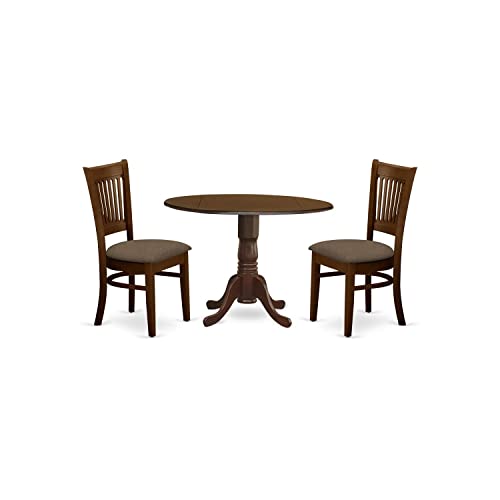 East West Furniture DLVA3-ESP-C 3 Piece Kitchen Table & Chairs Set Contains a Round Dining Room Table with Dropleaf and 2 Linen Fabric Upholstered Chairs, 42x42 Inch, Espresso - color: Dlva3-esp-c