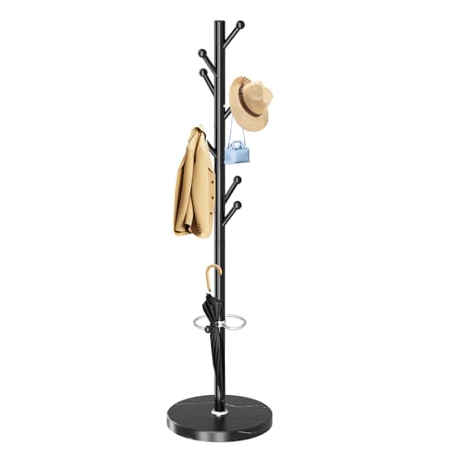 OIRUMIE Coat Rack,Metal Coat Rack Frestanding,Black Coat Stand for Entryway | Coat Rack Stand with Marble Base & Umbrella Holder,Modern Coat Hanger Stand,Coat Clothes Tree Stand for Hallway - color: Black-8 Hooks