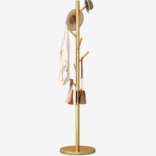 Coat Rack Freestanding Metal Coat Rack Stand with 8 Hooks,Gold | Sturdy Heavy Duty Modern Coats Tree for Bags Clothes Hall Tree Hats Hanger Holder Stand for Entryway Bedroom Hallway Office - color: Gold with 8 Hooks
