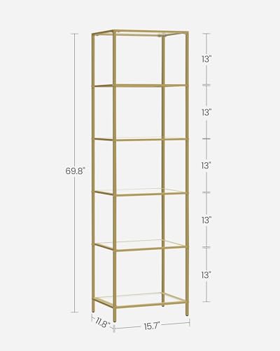 VASAGLE Bookcase, 6-Tier Bookshelf, Slim Shelving Unit for Bedroom, Bathroom, Home Office, Tempered Glass, Steel Frame, Metallic Gold ULGT500A01 - color: Metallic Gold, size: 6 Tiers (15.7"W x 69.8"H)