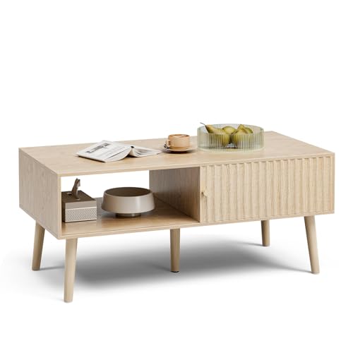 LCRBOL Coffee Table with Fluted Sliding Door, Modern, Natural | 39.3"L x 19.7"W x 17.1"H, double-sided sliding door & open shelf (7.5" clearance), golden knob, 5 tapered legs - color: Oak(lsj012-n)