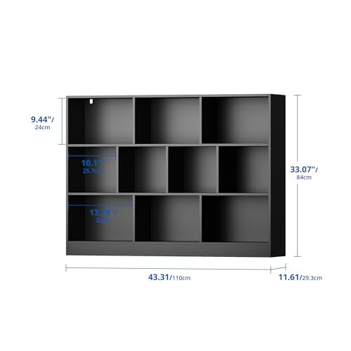 Black Bookshelf, 3-Tier Open Shelf Bookcase, 10 Cube Storage Organizer with Anti-Tilt Device, Freestanding Horizontal Bookshelf Cube Shelf for Bedroom, Living Room, Office - color: Black, size: 43.31"W x 33.07"H