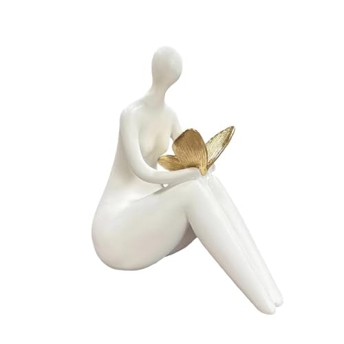 Lescafita White Abstract Sitting Figurine with Gold Butterfly – Modern Shelf Sitter Sculpture for Home Decor, Minimalist Statue, Elegant Desk Ornament for Living Room, Office & Bookshelf Decoration - color: W2