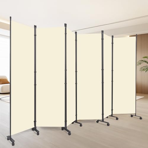 88" W 4 Panel Room Divider, Portable Privacy Screen W/Wheels Freestanding | Sturdy Metal Frame,Lockable Wheels,Freestanding Room Divider Panel,Portable Wall Divider for Room Separation,Beige - color: Beige, size: A-132''W-6 Panel