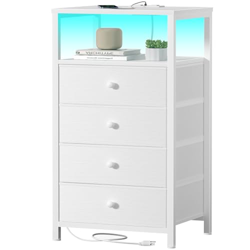 BOLUO Tall Night Stand with Drawers, White Nightstand with Charging Station and LED Light, Small White 4 Drawer Dresser for Bedroom, Room Storage Closet - color: A.white, size: 11.8"D x 15.7"W x 33.9"H(4 drawers)