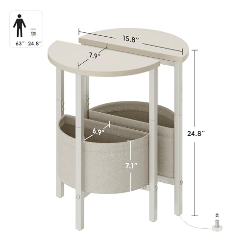Small Round Side Table End Table, Tall Accent Table with Storage Basket, Set of 2 Half Round Tables Half Moon Tables, Coffee Bedside Tables, Modern Nightstand for Living Room Bedroom, Cream - color: Cream White