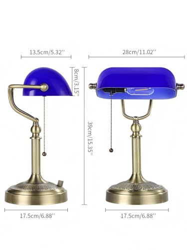 Blue Stepless Dimmable Glass Bankers Desk Lamp | Table Lamp Plug in Fixture for Study Home Office, LED Bulb Included - color: Blue-Dimmable
