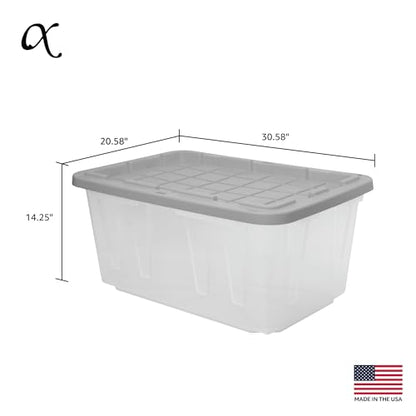 CX 27-Gallon Heavy Duty Clear Stackable Storage Bins with Lids, 4 Pack Gray | Clear plastic totes for garage organization, Stackable, weather-resistant, snap lids, 14.3H x 20.6W x 30.6D, Clear/gray - size: 4 Pack, style: Clear & Gray