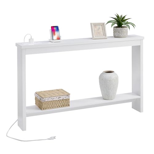ZGREN Narrow Sofa Table with Outlet and USB Port, Behind Couch Table Skinny Console Table with Charging Station Thin and Long Slim Entryway Table for Living Room, Hallway, Entry Hall, Foyer, White - color: White