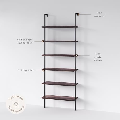 Nathan James Theo 6-Shelf Tall Bookcase, Wall Mount Bookshelf with Natural Wood Finish and Industrial Metal Frame, Nutmeg/Matte Black - color: Nutmeg/Matte Black, size: 1
