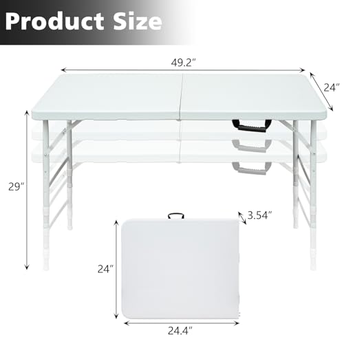 Portable 4Ft Folding Table, Heavy Duty Plastic Fold-in-Half Utility Foldable Table Small, Adjustable Height Plastic Folding Table with Carrying Handle for Camping & Party Indoor/Outdoor(White) - color: White, size: 4Ft