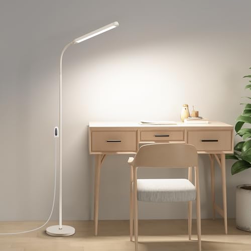 White LED Reading Floor Lamp, Bright 12W Dimmable Standing Light, Adjustable Gooseneck,3 Color Temperatures 5 Gears Brightness, Living Room Bedroom office Library Work makeup tattoo lash Desk Lamp - color: White