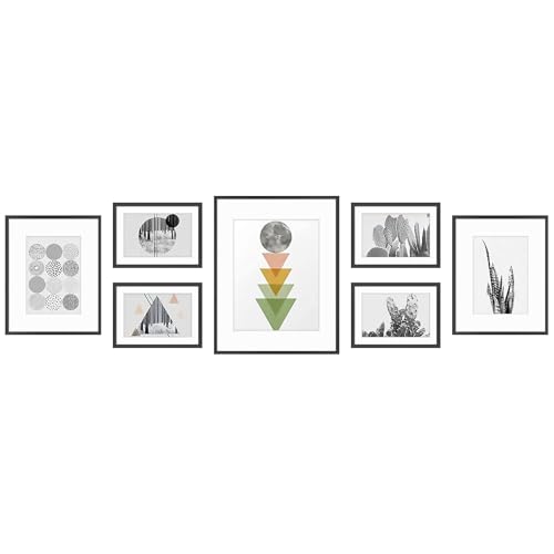 Golden State Art 7 Pack Black Aluminum Frame with White Mat, Real Glass | Includes One 11x14, Two 8x10, Four 5x7 Frames with Sawtooth Hangers for Wall Mounting. Great for gallery wall - color: Black, size: Style 2