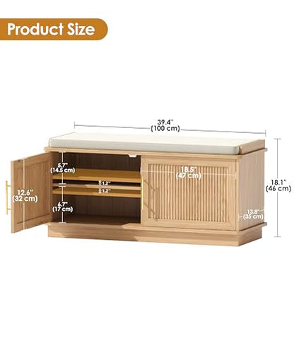 Akxomel Fluted Shoe Storage Bench with Cushion, 39.4" Entryway Bench with Adjustable Shelves and 2 Doors, Shoe Cabinet Bench with Curved Profile, for Hallway, Living Room, Bedroom, Natural Oak
