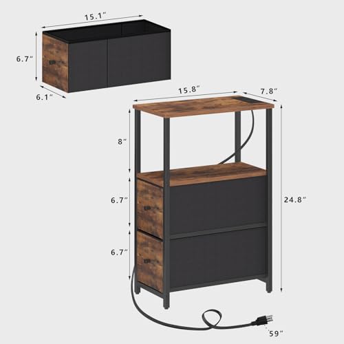 TUTOTAK Narrow LED End Table with Charging Station, Skinny Side Table | Bedside Table with Outlets, Nightstand with 2 Cloth Drawers, Couch Table for Living Room, Bedroom, Brown TB01BB056 - color: Brown, style: 2 Drawers with Plug & Light