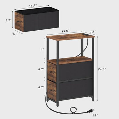 TUTOTAK Narrow LED End Table with Charging Station, Skinny Side Table | Bedside Table with Outlets, Nightstand with 2 Cloth Drawers, Couch Table for Living Room, Bedroom, Brown TB01BB056 - color: Brown, style: 2 Drawers with Plug & Light