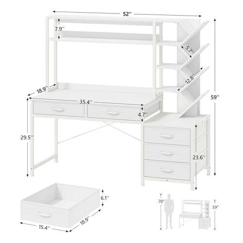 52" Computer Desk with Bookshelf, 5 Drawers ＆ Hutch for Bedroom | White Office Desk with Printer Shelf, Study Writing Desk with Storage Shelves - color: White
