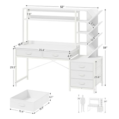 52" Computer Desk with Bookshelf, 5 Drawers ＆ Hutch for Bedroom | White Office Desk with Printer Shelf, Study Writing Desk with Storage Shelves - color: White