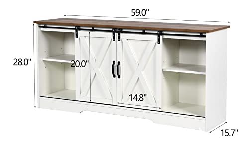 4 EVER WINNER TV Stand for 65 Inch TV for Living Room, Modern Farmhouse Barn Door TV Stand with Storage Cabinets and Adjustable Shelves for Bedroom, Media Entertainment Center TV Console Table, White - color: White