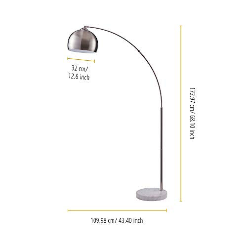 Teamson Home Arquer 68.1" Arc Floor Lamp for Living Rooms, Home Offices, Dining Rooms, Bedrooms with Faux White Marble Base and Nickel Bell Shade - color: Nickle Shade / White Marble Base