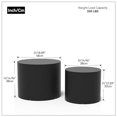Nesting Coffee Table Set of 2, Modern Round Coffee Table with Non-Slip Feet, Wooden Circle Accent Tables for Small Spaces Living Room Bedroom Balcony Office Drum Side Table (Black) - color: Black