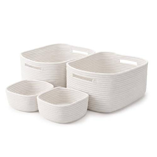 4-Pack Large Woven Rope Storage Baskets, 2 Sizes Organizer Bins | Fabric Cube Boxes and Rectangular Shallow Bins for Closet, Shelf, Bookshelf, Nursery, Changing Table, Bathroom, Toys & Home - color: white, size: 2pcs-16.92*12.99*7.08'' & 2pcs-7.08*7.08*3.