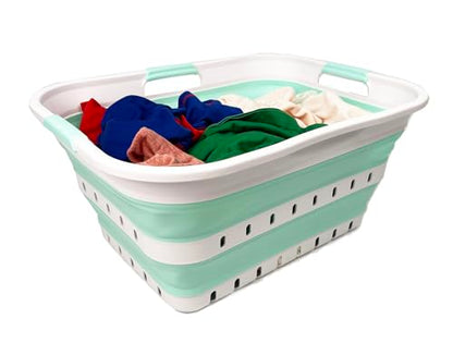 SAMMART 42L (11 gallon) Collapsible Plastic Laundry Basket - Foldable Pop Up Storage Container/Organizer - Space Saving Hamper/Basket (1, White/Light Green) - color: White/Light Green