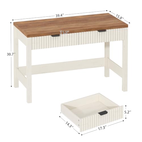 39 Inch Small Fluted Computer Desk with 2 Drawers for Bedroom, Home Office | Small Computer Desk with Storage, Compact Writing Study Desk for Small Spaces, Brown & White - color: Antique White, size: 39-Inch Desk