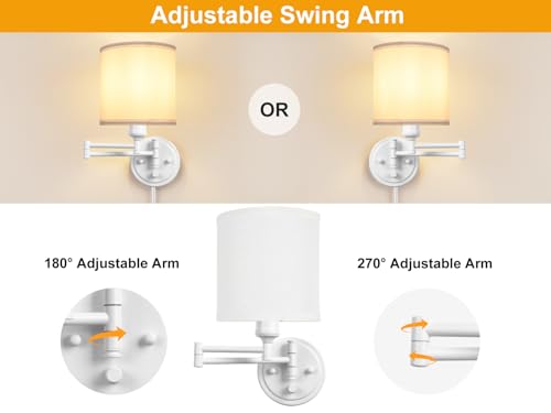 GOODATE Plug in Wall Sconces with Remote Control, Dimming, Adjustable Colors 2700K-6500K, Hardwire or Plug-in, Swing Arm Wall Lamp, Wall Sconces Set of Two, White Fabric Shade, White Finish - color: White & White