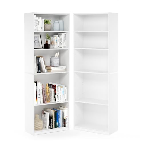 Furinno Jaya Book Shelf Set of 2, 5-Tier Bookshelf, Bookcase, with Adjustable Shelf, 9.5 x 24.5 x 71, for Home Office, Living Room, White - color: White, size: Set of 2, 5-Tier