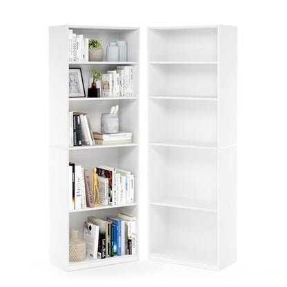 Furinno Jaya Book Shelf Set of 2, 5-Tier Bookshelf, Bookcase, with Adjustable Shelf, 9.5 x 24.5 x 71, for Home Office, Living Room, White - color: White, size: Set of 2, 5-Tier