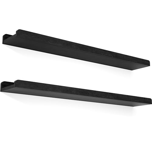 Love-KANKEI 36" Long Black Floating Shelves with Lip,Solid Wood,Set of 2 | Protective Ledge,Easy to Install,18 Lbs/shelf,For Bedroom Living Room Bathroom Kitchen Office,Nursery Display,Wall Decor - color: Black, size: 36inch