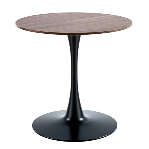31.5 Inch Round Tulip Dining Table, Dark Walnut MDF Top with Black Pedestal Base, Mid-Century Modern Kitchen Table for 2, Apartment and Breakfast Nook - color: Black and Dark Walnut