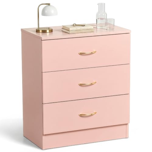 Karl home Pink 3 Drawer Dresser, Modern Small Storage Chest for Bedroom | Wood End Table, Space-Saving Drawer Cabinet with Rose Gold Handle, Multi-Scene Furniture for Nursery, Hallway, Living Room - color: Pink, size: 26"D x 13"W x 22"H (3 Drawers)