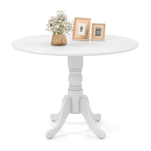 COSTWAY Round Dining Table for 4, 39-inch Wooden Kitchen Table with Solid Rubber Wood Frame, Curved Trestle Legs, Adjustable Foot Pads, Mid Century Rustic Dinning Table for Living Room (White) | Curved Trestle Legs, Adjustable Foot Pads, Mid Century Rusti