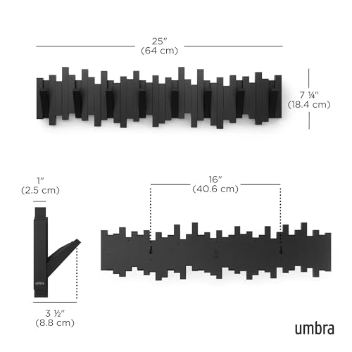 Umbra Sticks Wall Coat Rack, Wall Mount 8 Retractable Hooks, Black | Modern sculptural look, holds five pounds each, fits entryways and bedrooms, easy to install, recycled plastic - color: Black, size: 8-Hook