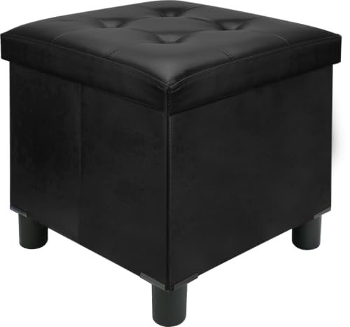 18 Inches Cube Storage Ottoman, Faux Leather Collapsible Square Folding Ottoman Furniture with Storage for Living Room Bedroom, Foot Rest Foot Stool with Legs, Black 18x18x18 Inches - color: Black