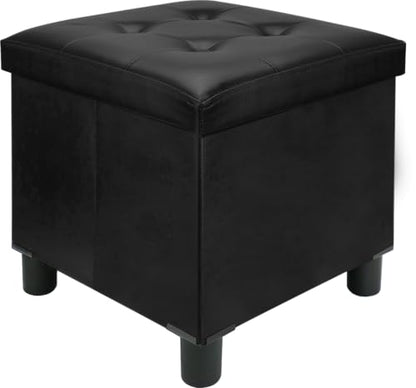 18 Inches Cube Storage Ottoman, Faux Leather Collapsible Square Folding Ottoman Furniture with Storage for Living Room Bedroom, Foot Rest Foot Stool with Legs, Black 18x18x18 Inches - color: Black