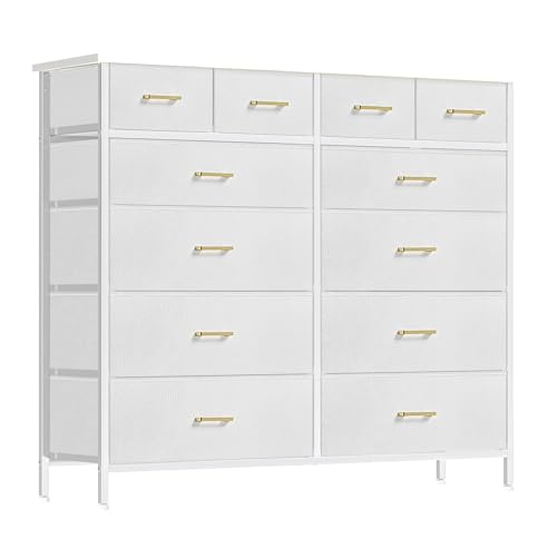 VASICAR Chest of Drawers for Bedroom 12 Deep Drawers Tall Fabric Dresser | 43.3" Wide Closet Organizer, TV Stand, Storage Cabinet for Nursery, Bedside, Living Room, Entryway, Apartment (White) - color: White