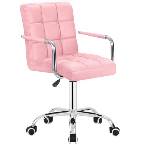 JUMMICO Modern Office & Vanity Desk Chair - Mid-Back Rolling Chair with Wheels, PU Leather, Cute for Office, Teen & Bedroom Desks (Pink) - color: Pink