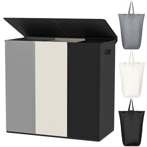 WOWLIVE 180L Laundry Hamper 3 Section, Large Laundry Basket with Lid | Dirty Clothes Hampers with Removable Bags and Handles, Collapsible Laundry Basket Organizer for Dorm Room, College - color: Black + Beige + Grey, size: 180l (31.5"L x 12.5"W x 28"H)