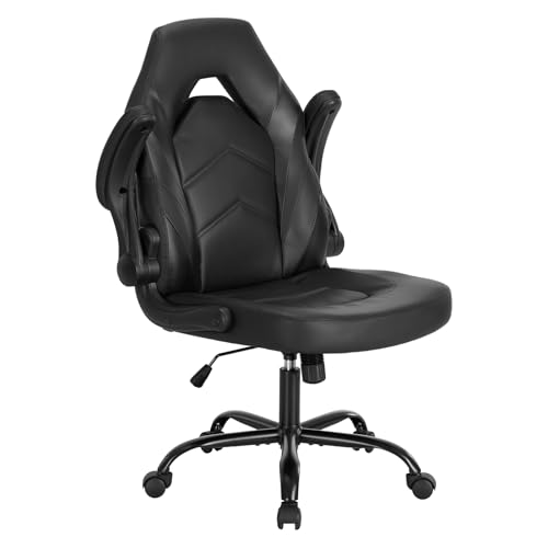 Sweetcrispy Computer Gaming Chair, Home Office Desk Chair, PU Leather | Big Tall Ergonomic, Flip-up Armrest, 360 Swivel Wheels, PU Leather Height Adjustable, Home Computer, Black - color: Black