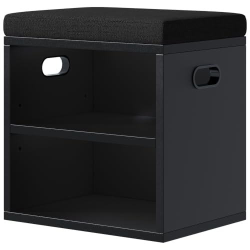 2 Tier Small Shoe Storage Bench Black US-FHXD01B | hold up to 4 pairs of shoes, with Adjustable Middle Shelf, Padded Seat Cushion,cut-out handle - color: Black