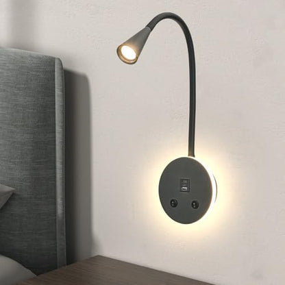 Book Lights for Reading at Night, LED Wall Mounted Reading Light, Flexible Gooseneck Wall Lamps for Bedroom, Plug in Wall Lights with USB Charging, Bedside Wall Sconces Focused Bed Lamp (Black) - color: Black