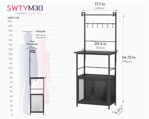 SWTYMIKI Coffee Bar Station for Space - 20.4 x 14.25in Black | Unique Double Mesh Enclosed Cabinet Doors + 6 Mug Hooks Multi-Purpose Microwave Stand, Buffet Cabinet Storage Rack - color: Black
